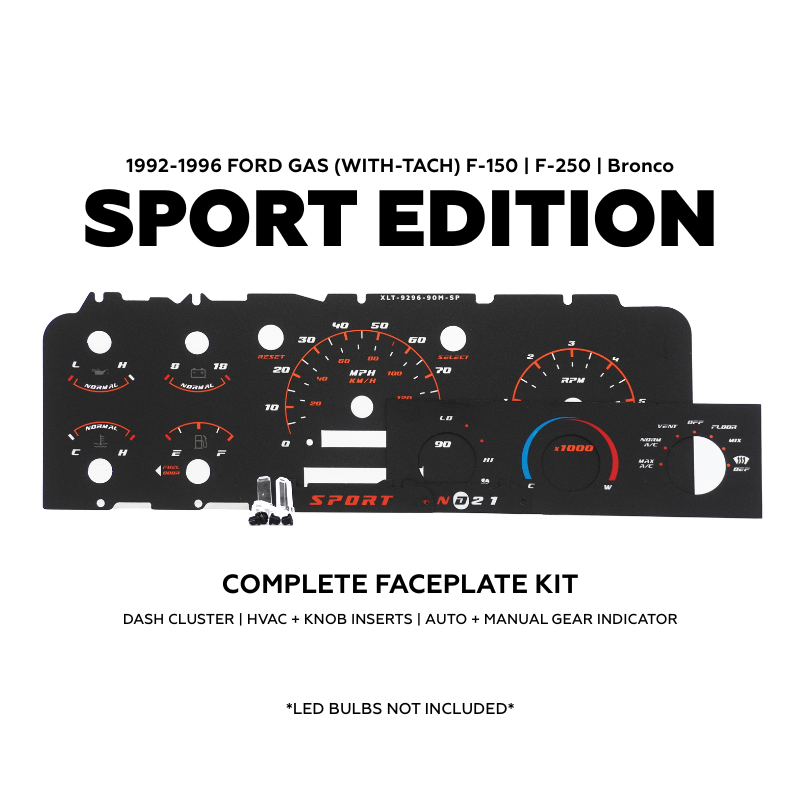 XLT Sport Cluster Faceplate Kit | 1992-1996 F-150, F-250, Bronco (gas with-tach)